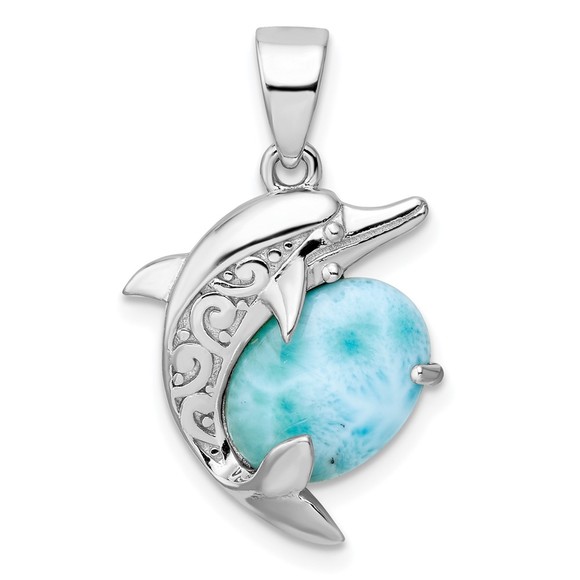 925 Sterling Silver Filigree Dolphin Nautical Larimar Necklace Charm Pendant - Picture 3 of 8